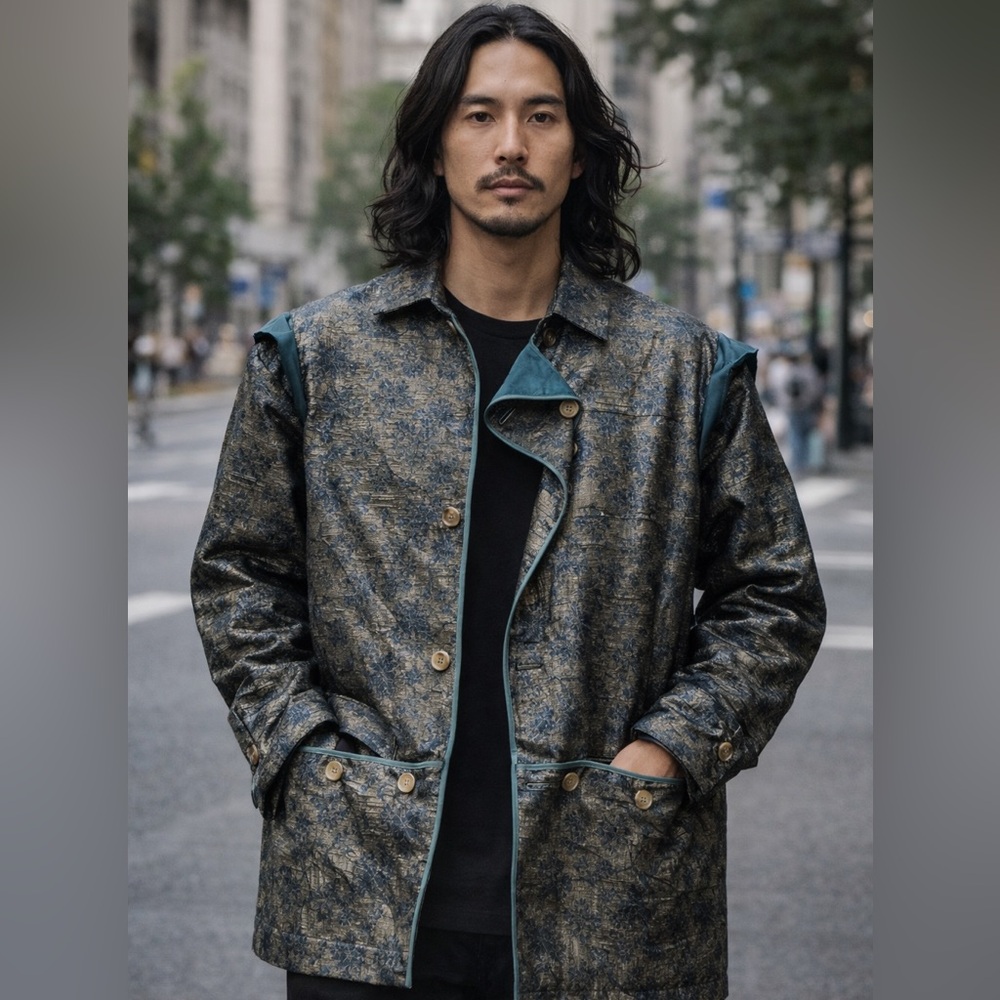 Metallic Brocade Tapestry Jacket Blue Gold Statement Boho Anthropologic Style